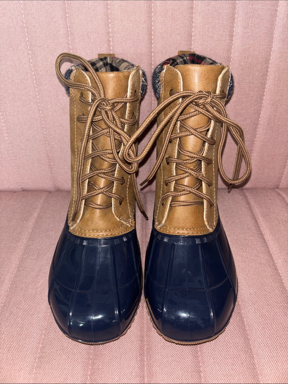 Evi Rain Weather Duck Boots Brown/Navy Women’s Size 7.5 JUSTFAB